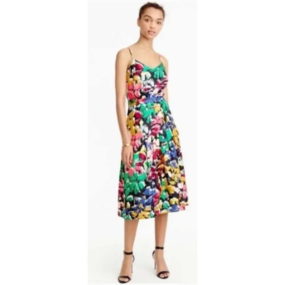 J. Crew Multicolor Floral Midi Dress - Green, Pink, Navy, Yellow
